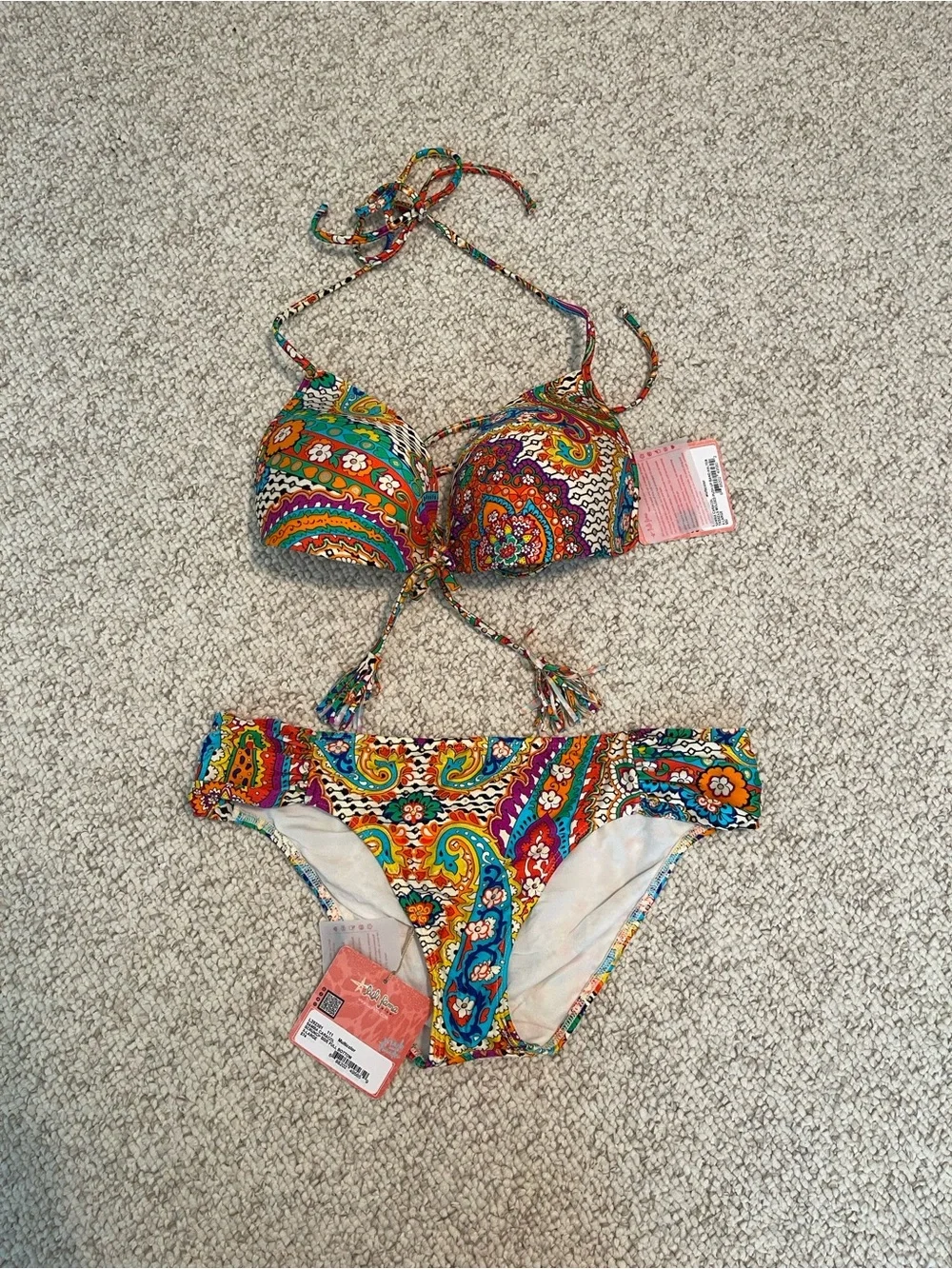 NWT Luli Fama Samba Caracol Multicolor Paisley Tie-Front Bikini Set XL